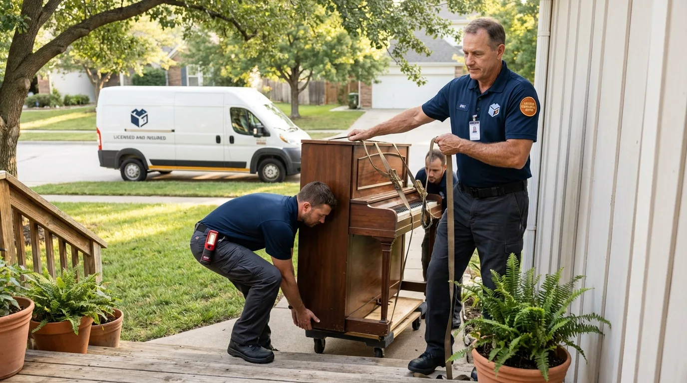 Licensed piano movers securing grand piano in Columbus, NM