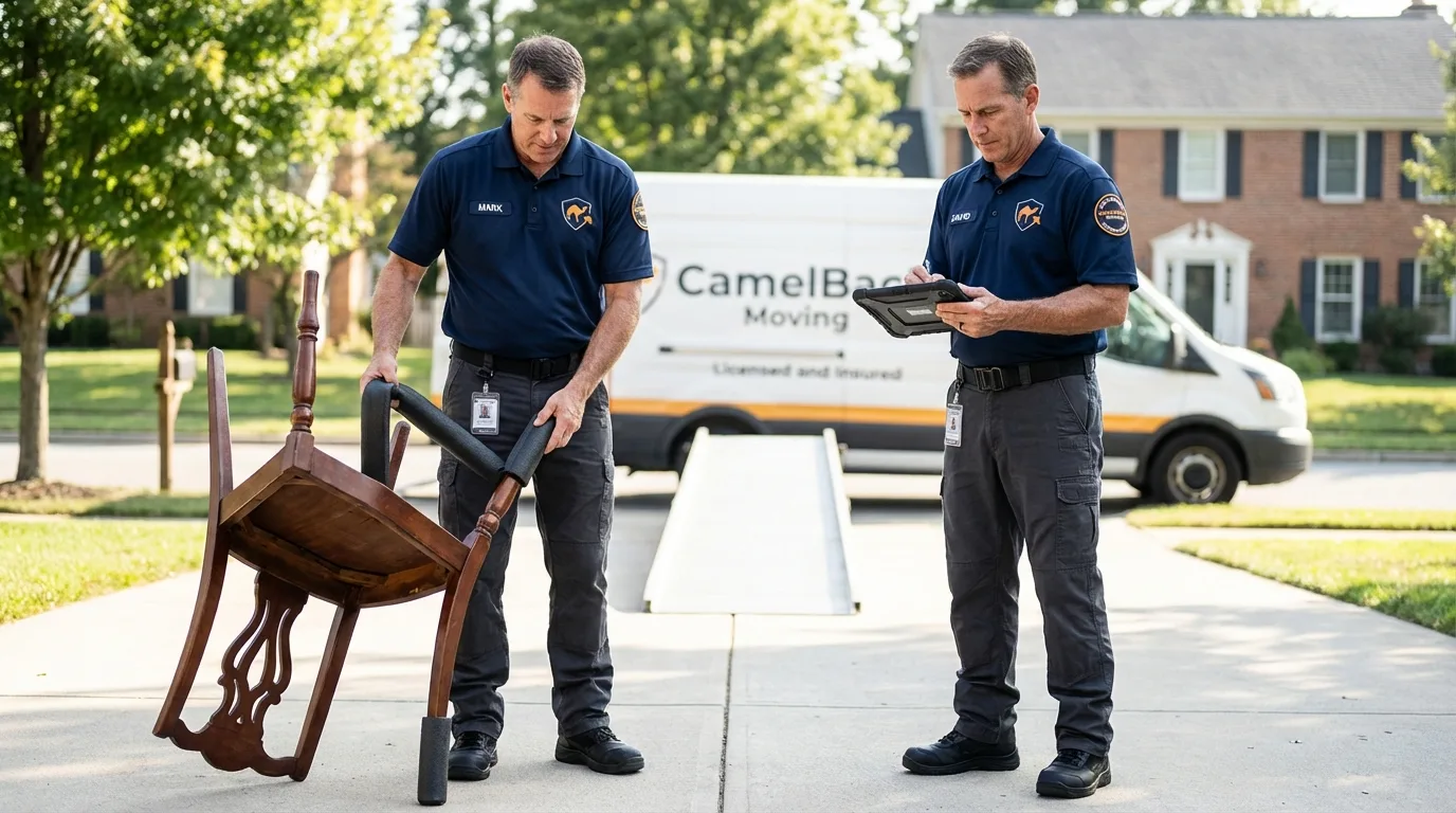 Movers inspecting furniture for damage prevention before loading in Columbus, NM