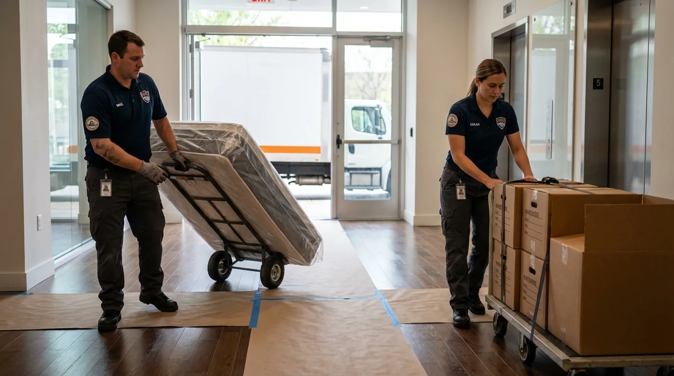 Professional apartment movers loading elevator in Columbus, NM